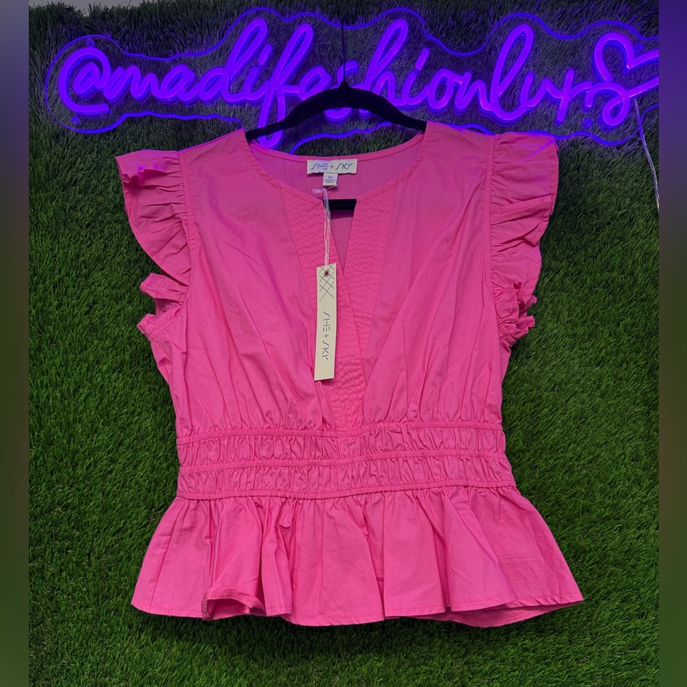 She + Sky Pink Ruffle Sleeve Top